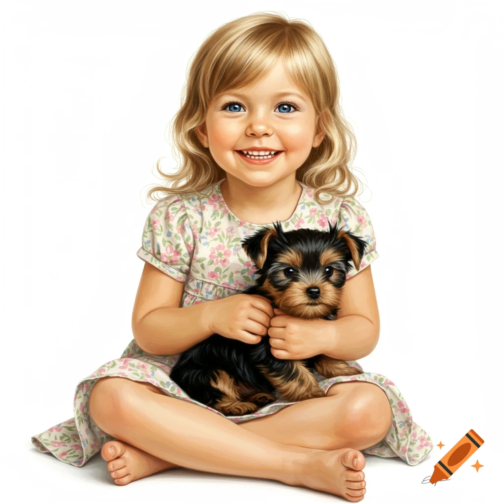 A happy little blonde girl with blue eyes sits cross-legged, holding a small Yorkie puppy, in a whimsical painterly style.