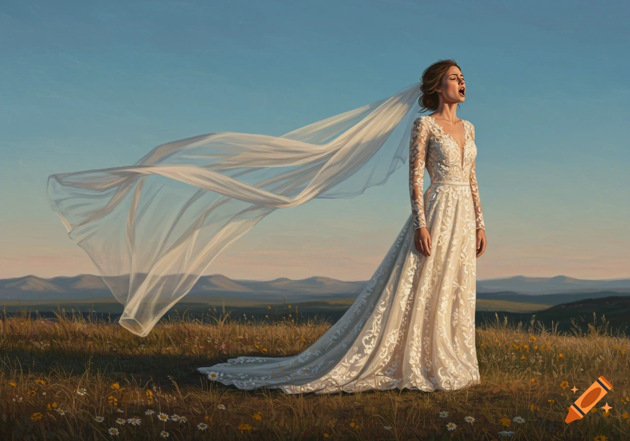 A woman in a white wedding dress and long veil stands in a grassy field with mountains, her mouth open as if yelling, in a realistic painting.