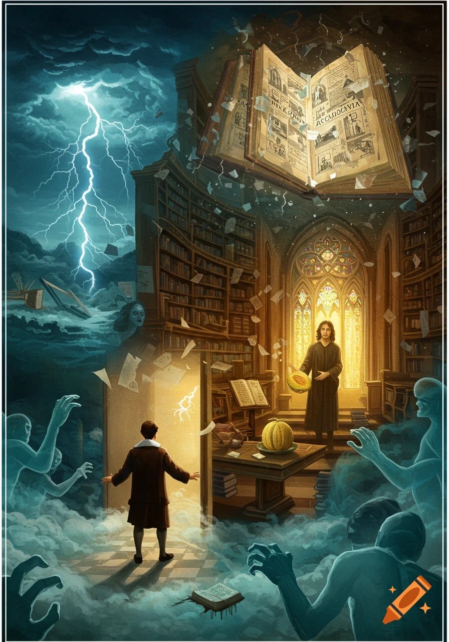 Surreal scene of a man entering a glowing library from a stormy landscape with ghosts, a giant floating book, and a figure holding a melon.
