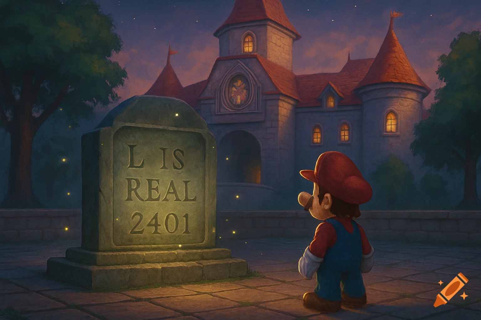 Mario stands before a glowing tombstone that reads 'L IS REAL 2401' outside a castle at twilight.