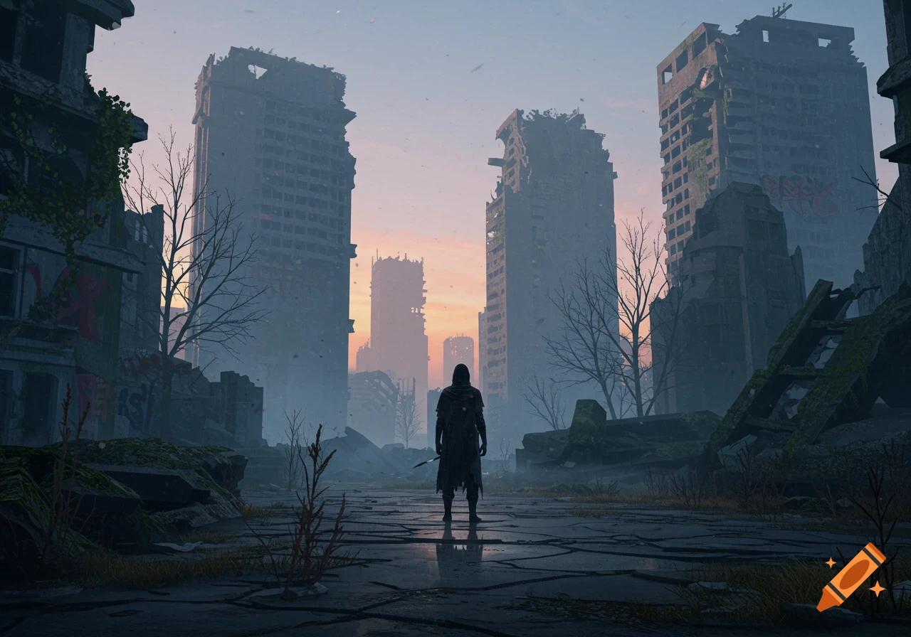 A lone hooded figure stands in a desolate, ruined city at sunset, with crumbling skyscrapers under a hazy sky.