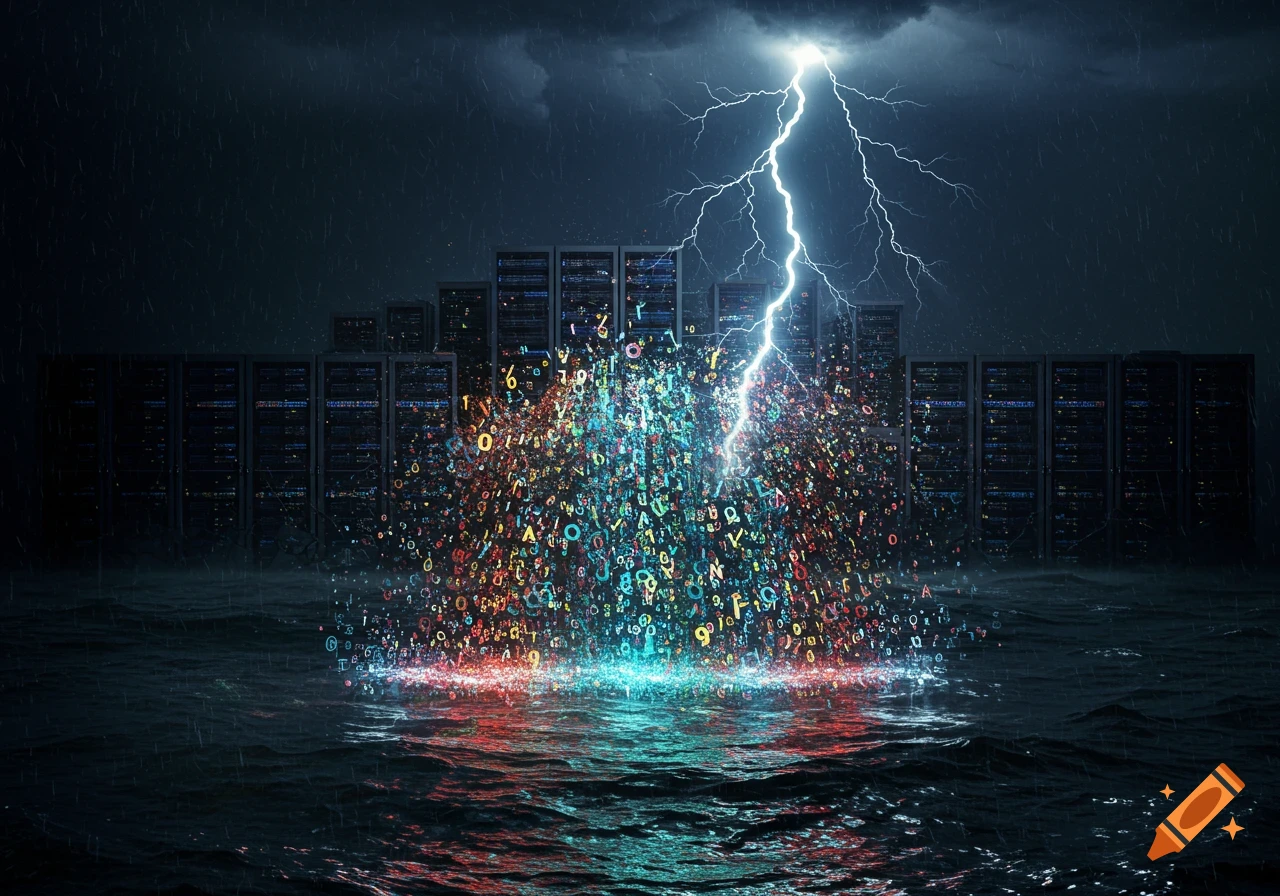 Lightning strikes data servers in a stormy ocean, causing an explosion of colorful numbers and letters, symbolizing data destruction.