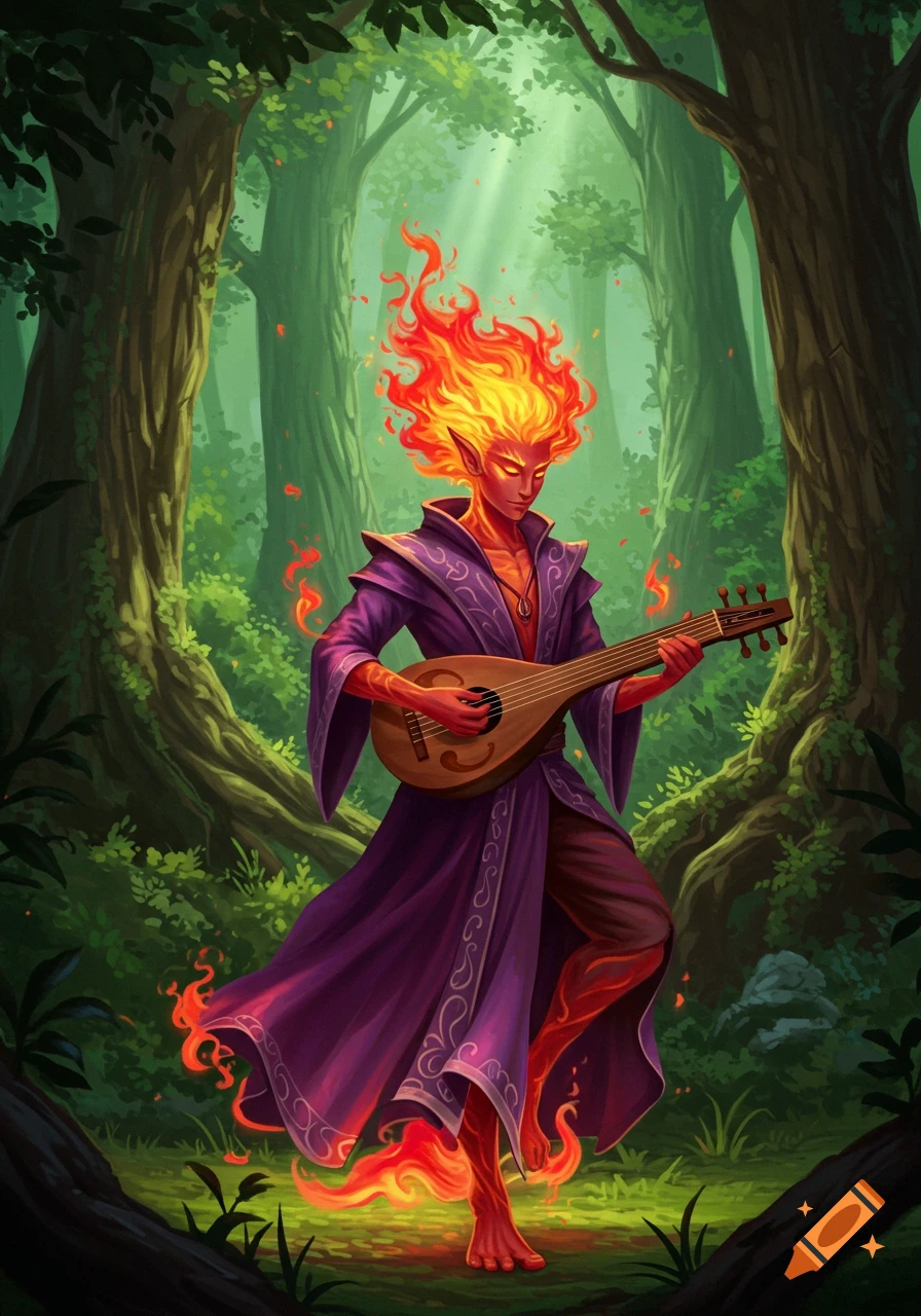 A fiery red-skinned fantasy creature with flame hair plays a lute in a lush green forest, in a stylized illustration.
