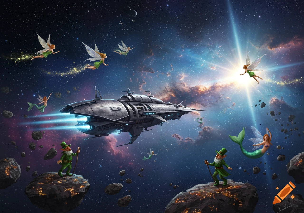 Fantastical scene in space with a spaceship, flying fairies, swimming mermaids, and leprechauns on asteroids.