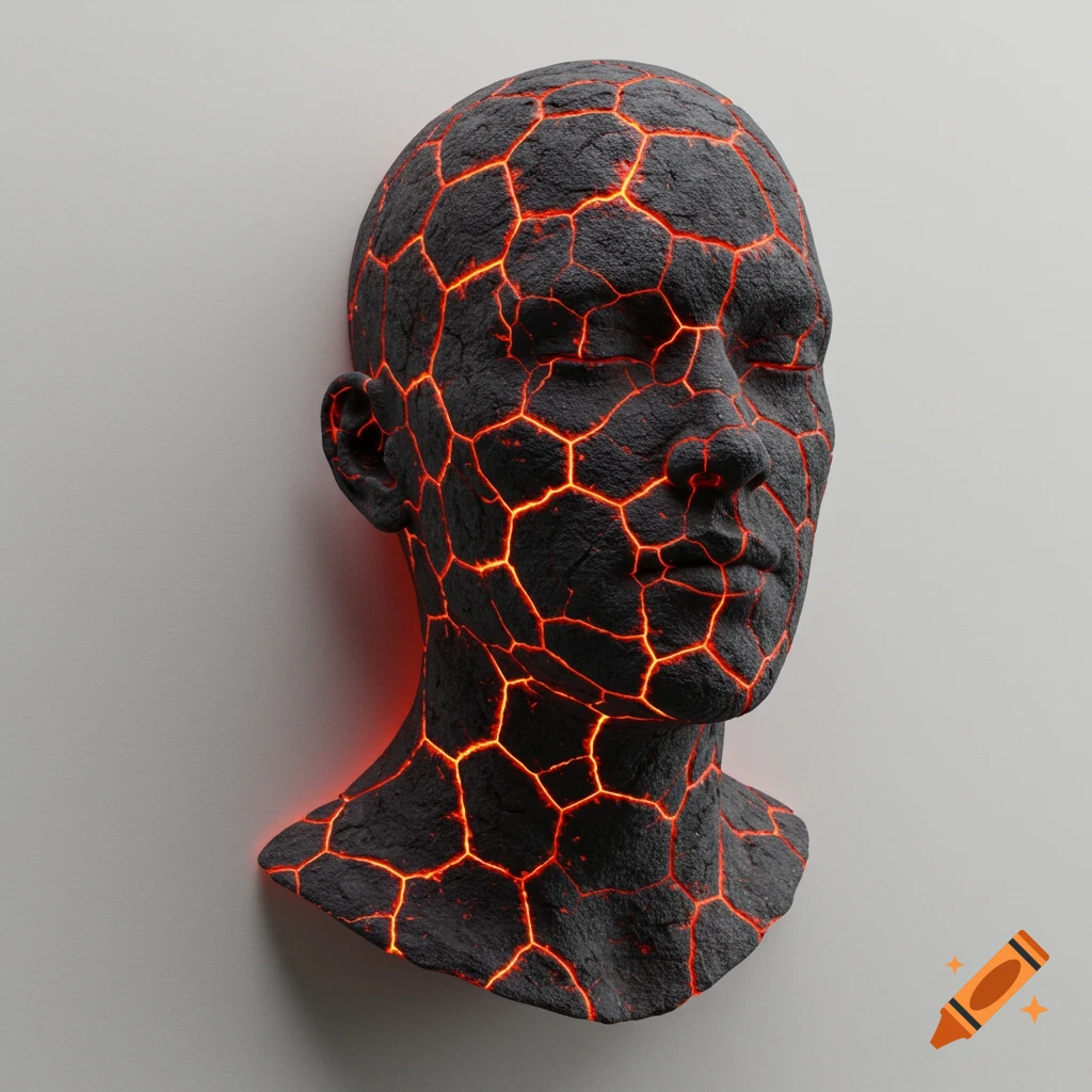 Hyper-realistic digital sculpture of a man's head, cracked like volcanic earth with glowing lava fissures, against a light wall.