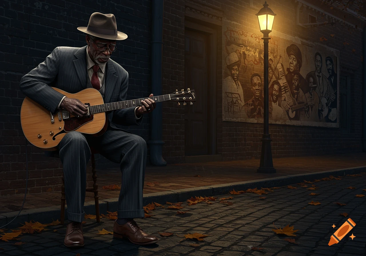 A man in a suit and fedora plays an acoustic guitar on a stool on a cobblestone street at night, illuminated by a streetlamp near a brick wall with a music-themed mural.