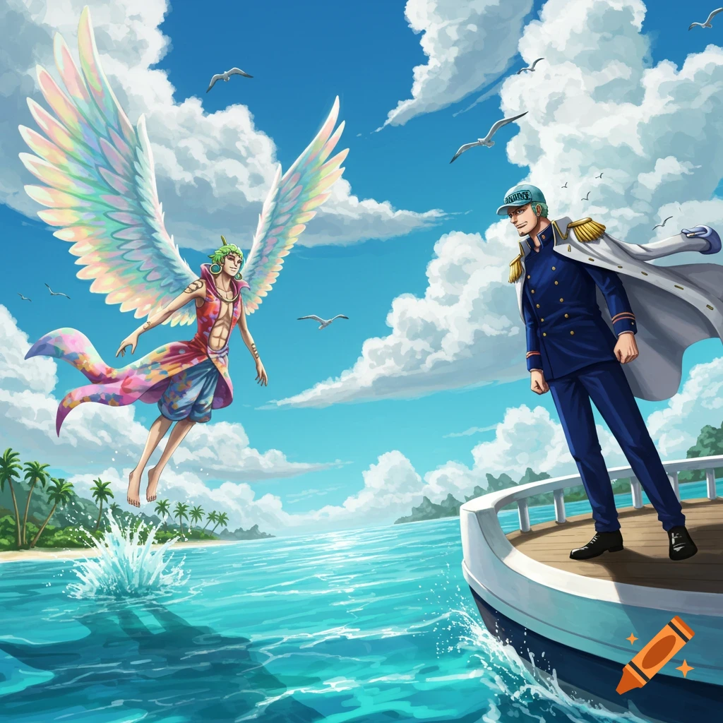 Two anime-style male characters. One with large rainbow wings flies above the ocean, splashing water, while another in a marine uniform stands on a boat. They are under a cloudy blue sky near a tropical island.