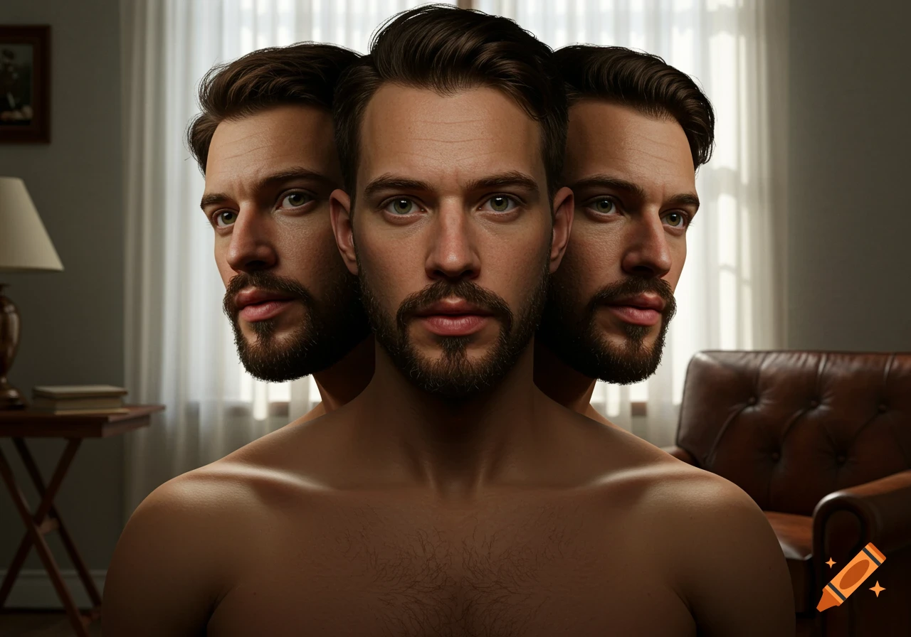 Photorealistic image of a man with three heads, the central one facing forward and the side ones slightly angled, in an indoor setting.