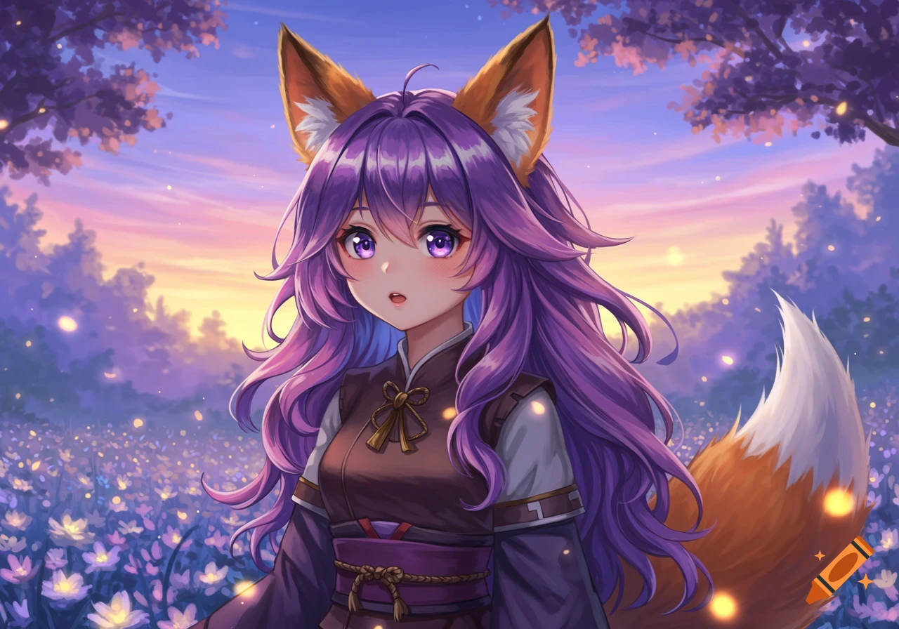 An anime-style purple-haired fox girl with large ears and a fluffy tail stands in a field of glowing purple flowers at sunset.