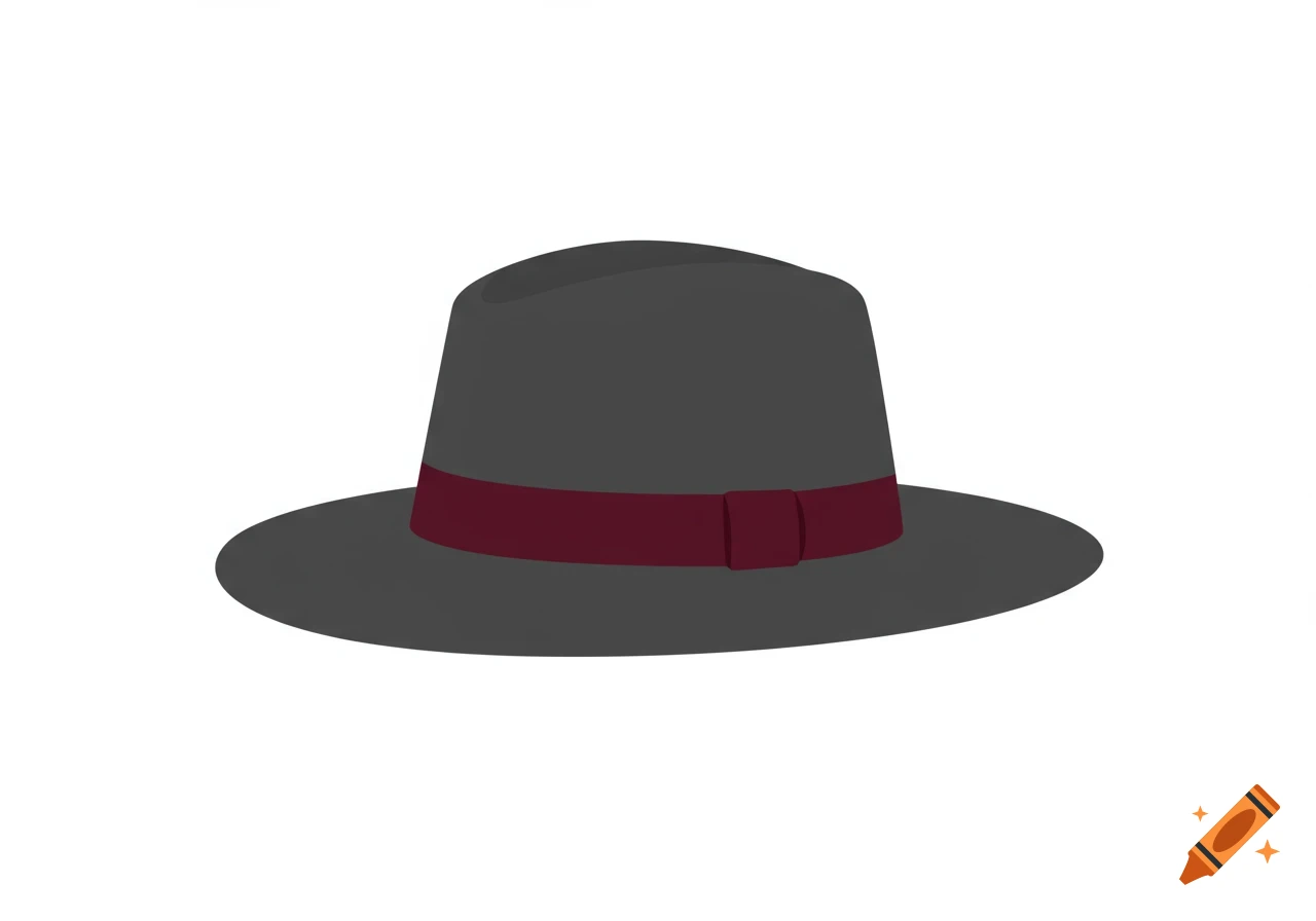 A dark grey fedora hat with a red band on a white background.