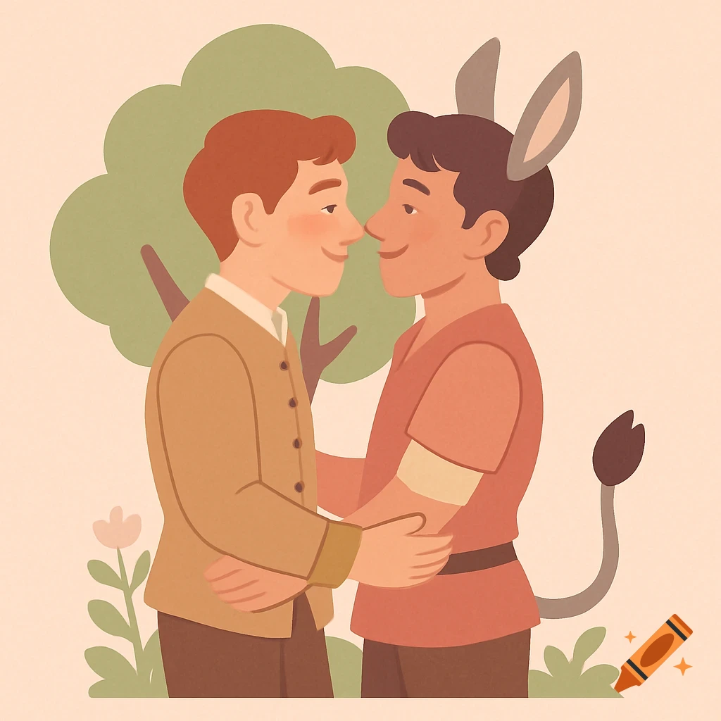 A cutesy cartoon of two men, one with donkey ears and a tail, in a romantic embrace, gazing at each other nose to nose.