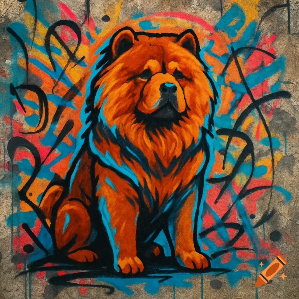 A vibrant graffiti-style painting of a fluffy orange Chow Chow dog against a background of colorful spray paint splashes and black tags.