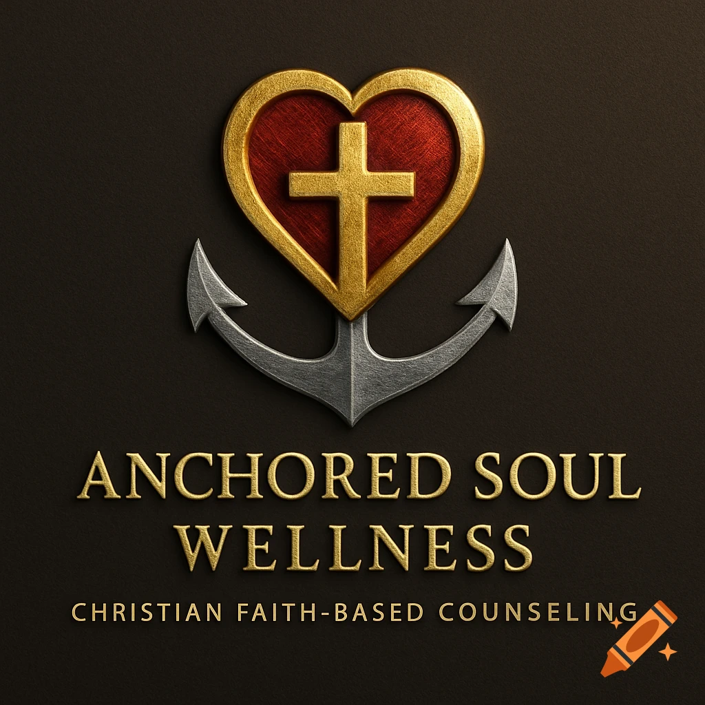 A 3D-rendered gold heart with a cross on a red textured background, sitting on a silver anchor, above the text "Anchored Soul Wellness" and "Christian Faith-Based Counseling" on a dark background.