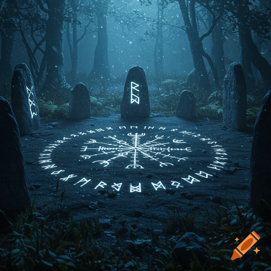 A mystical forest scene at twilight with a circle of glowing runic stones and symbols on the ground.