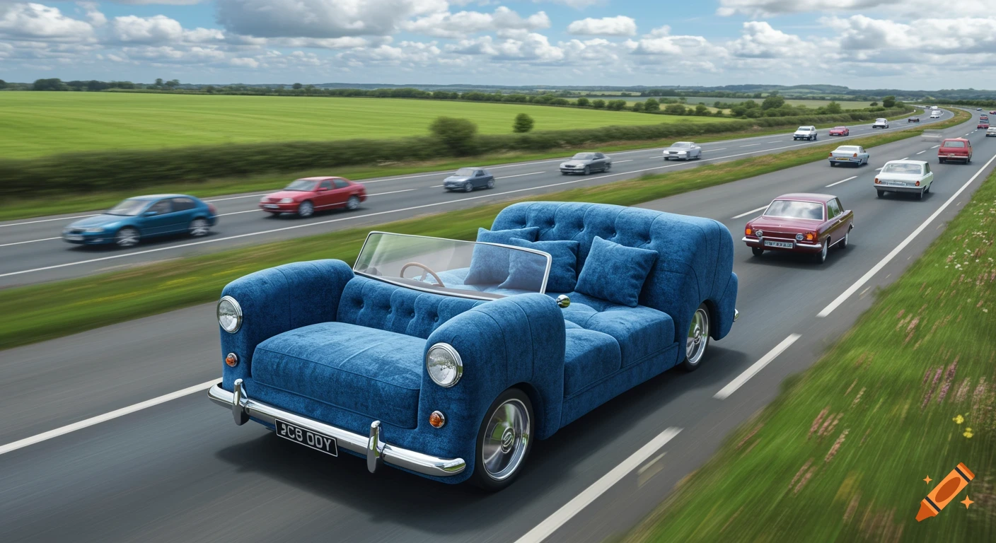 A photorealistic image of a unique blue sofa-shaped car driving on a UK motorway, surrounded by other vehicles and green countryside.