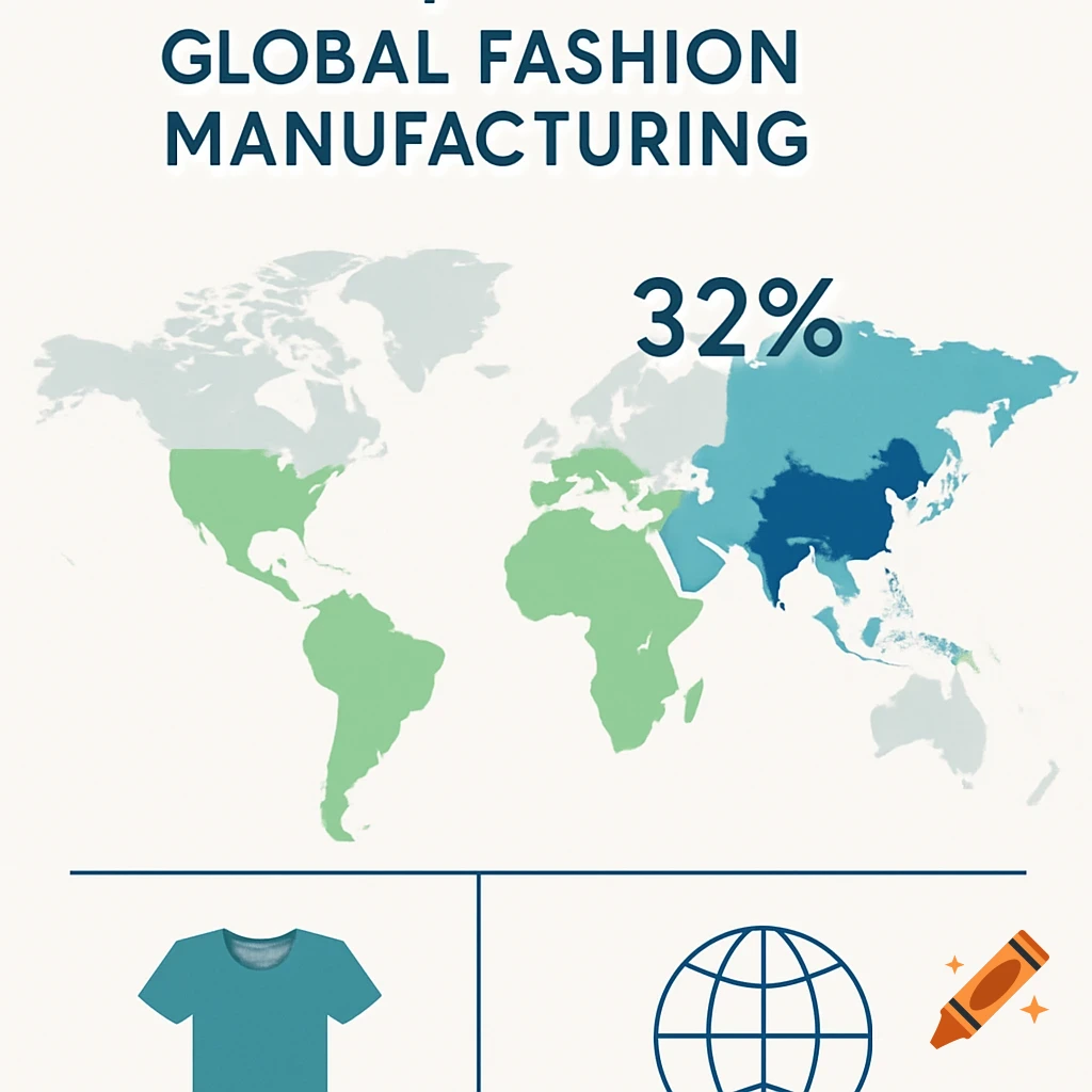 Infographic with a world map showing global fashion manufacturing, highlighted regions, 32%, and icons for a t-shirt and globe.