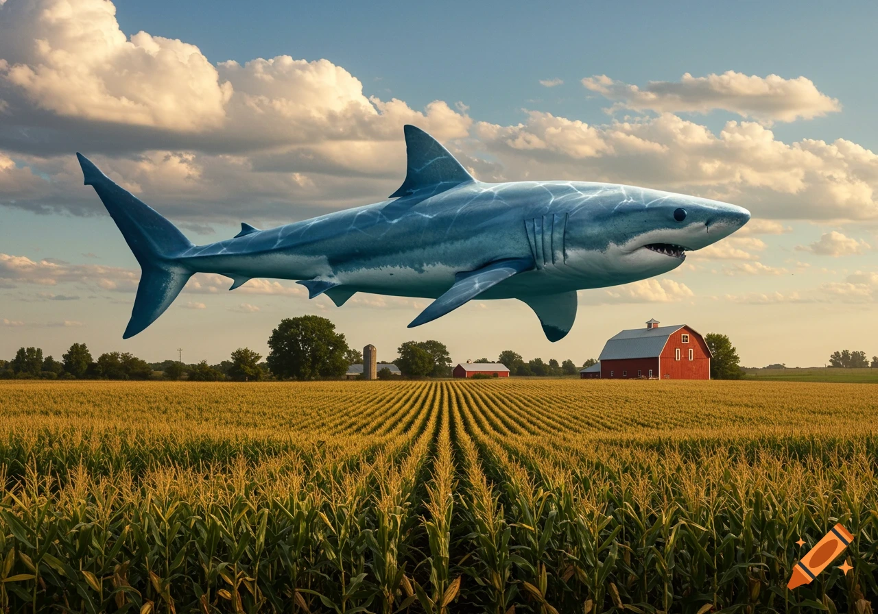 A large shark appears to swim through a cloudy sky over a vast cornfield with a red barn in the distance.