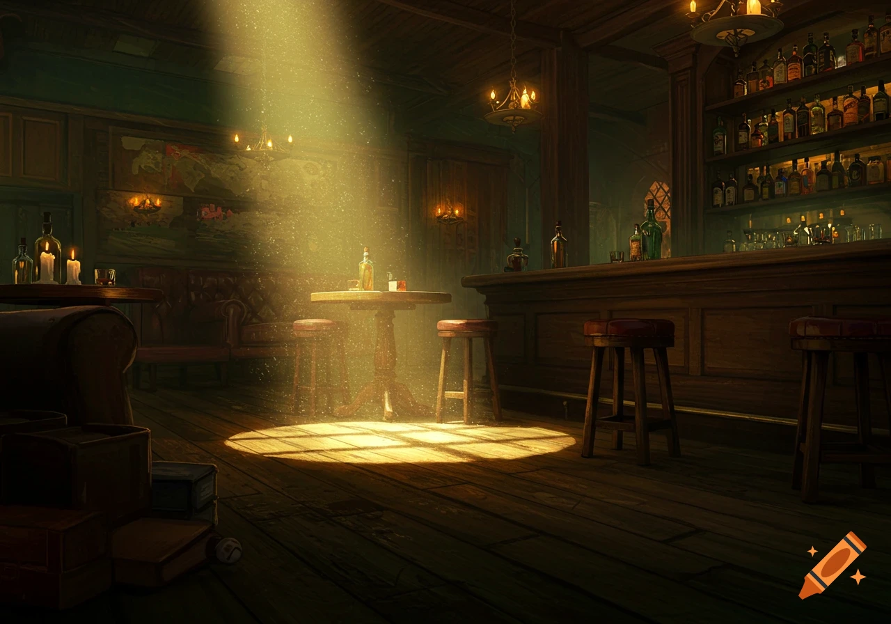 A dark, atmospheric bar interior with dramatic golden light shining down, highlighting a table and bar stools.