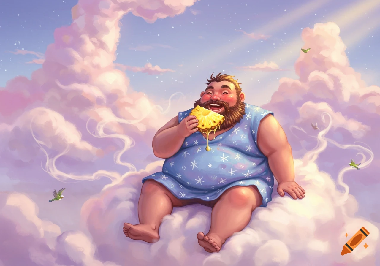 A smiling, bearded man in a blue nightshirt eats a juicy pineapple slice while sitting on fluffy pink and white clouds with small birds flying around.