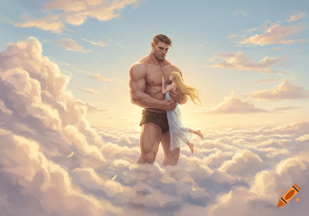 A muscular man holds a blonde elf-like woman among clouds at sunset in a fantasy art style.