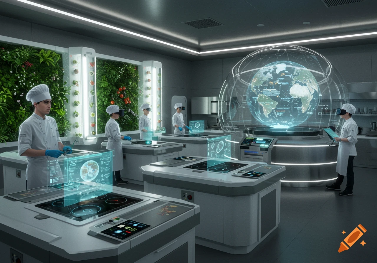 A futuristic culinary classroom with chefs in white uniforms, holographic displays, a large glowing global sphere, and vertical gardens.