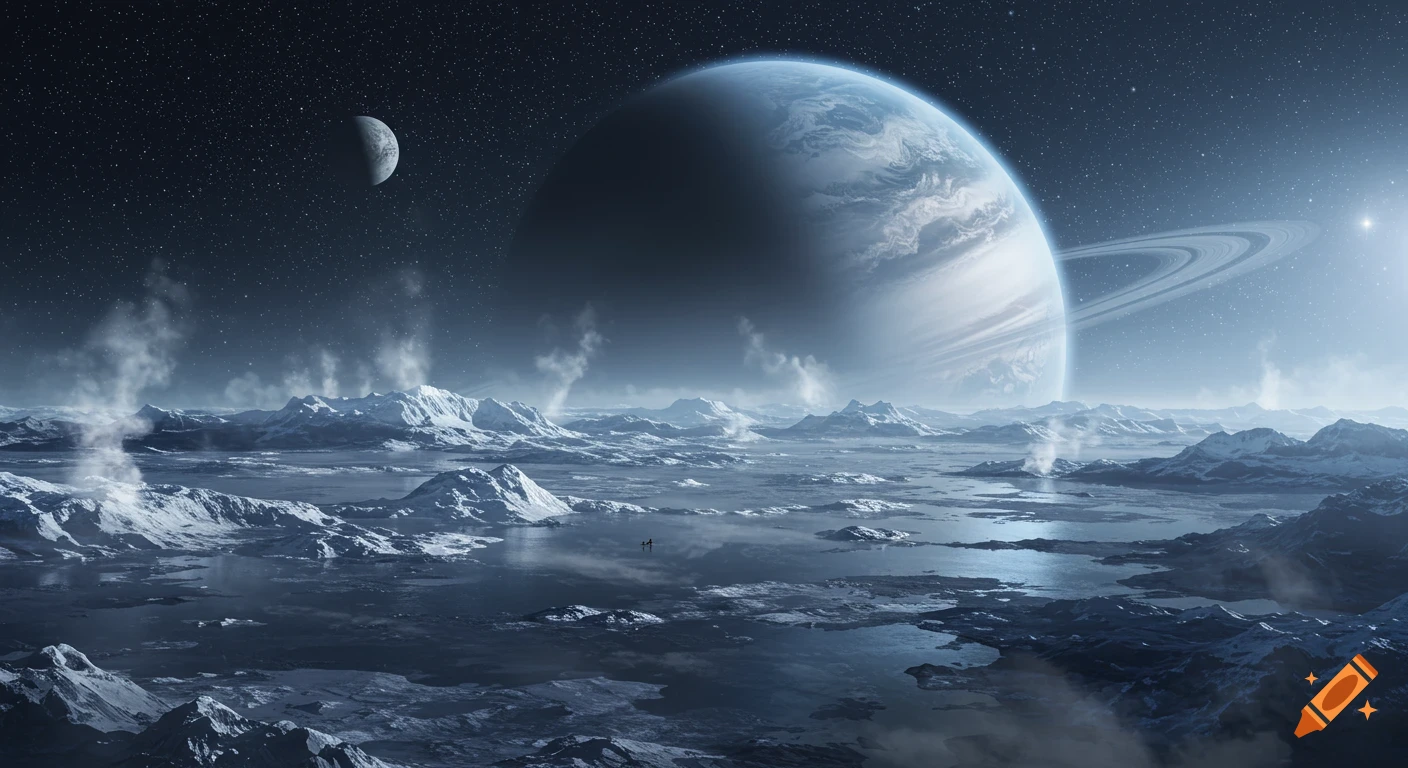 A vast alien landscape with snow-capped mountains, dark water, and geysers steaming under a large ringed planet, a moon, and a star-filled sky.