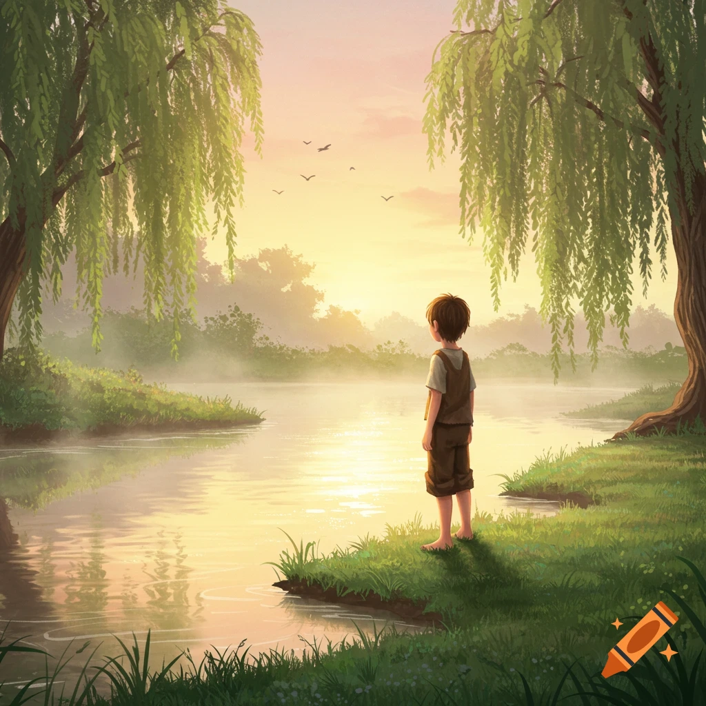 A young boy stands on a grassy riverbank, gazing at the water reflecting a golden sunrise, framed by weeping willow trees.