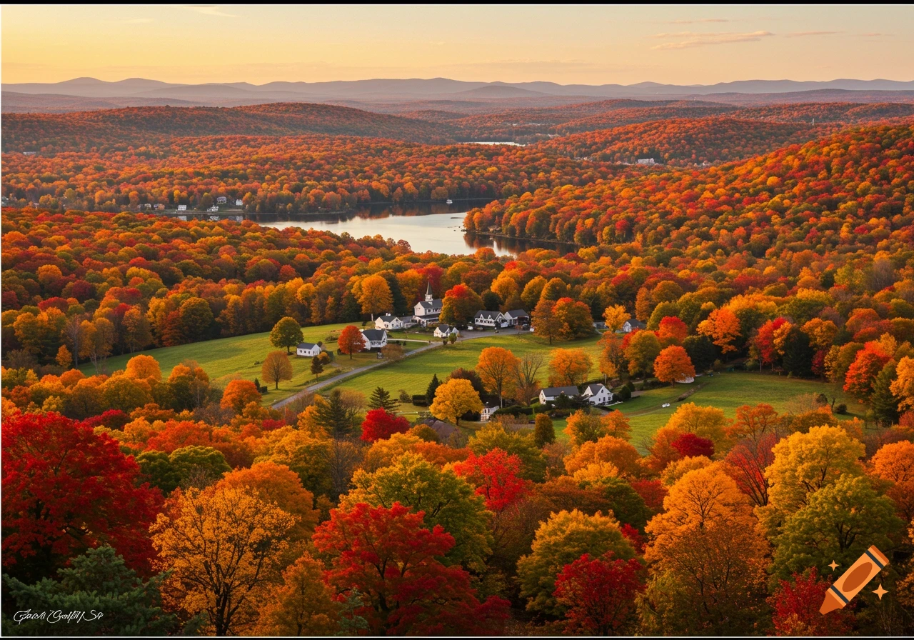 A vibrant aerial view of an autumn landscape with colorful red, orange, and yellow trees surrounding a village with white houses and a church, and a calm lake under a golden sky.
