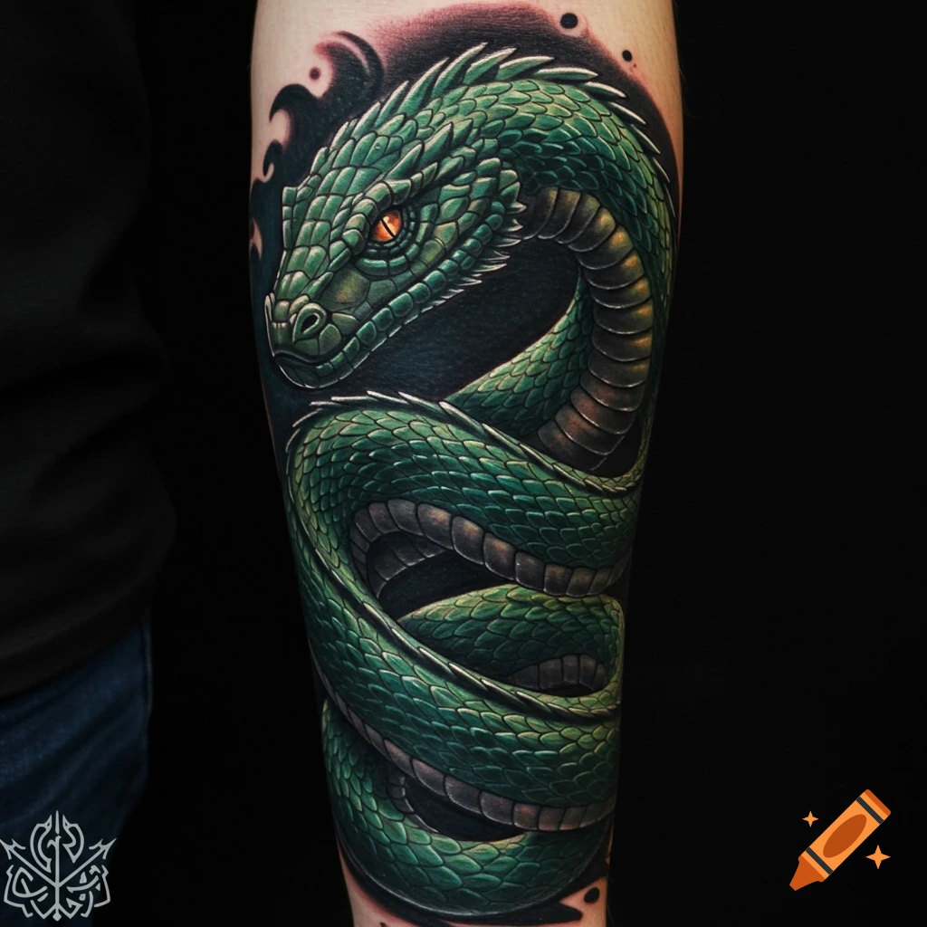 A detailed realism tattoo of a green Jormungandr-like snake with glowing orange eyes coiling on a forearm.