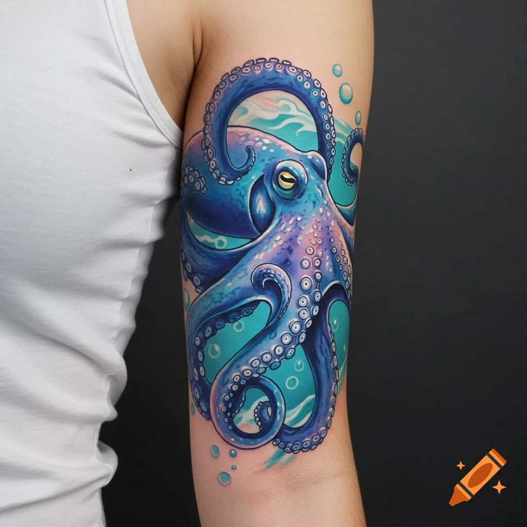 A vibrant blue and purple octopus tattoo on a person's upper arm, featuring stylized water and bubbles.