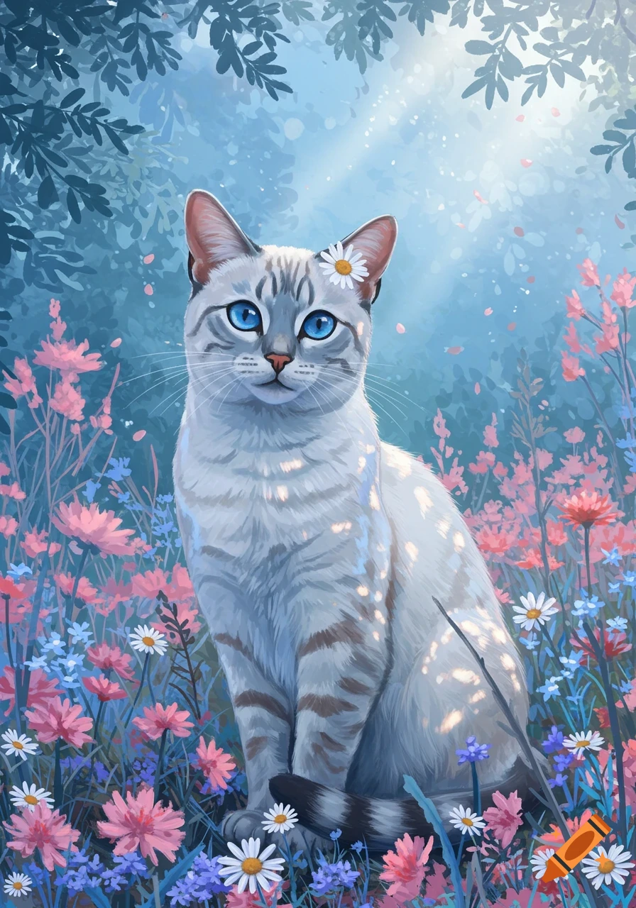 A white cat with blue eyes and a daisy on its head sits in a vibrant field of pink, blue, and white flowers in a dreamy, painterly style.