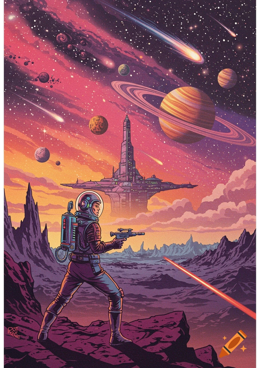 Retro sci-fi illustration of an astronaut with a gun on a rocky alien planet, facing a futuristic city and vibrant space with planets and meteors.