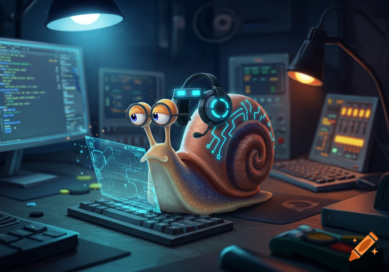 A cartoon snail wearing a headset and glasses, sitting at a desk with glowing computer monitors and keyboards, working as an IT specialist.