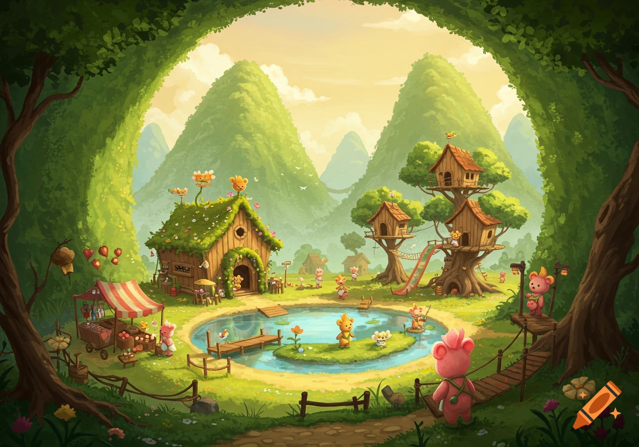 A whimsical cartoon scene of a forest town with bear characters living in treehouses and a house with a pond, surrounded by lush green mountains.
