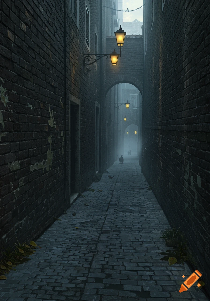 A narrow, misty, dark brick alleyway with cobblestones and glowing lanterns, leading to an arched passage with cats in the distance.