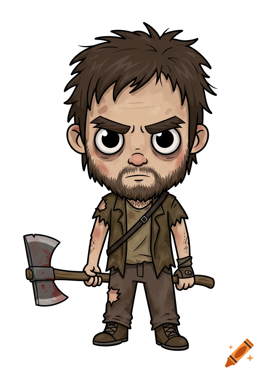 A chibi cartoon male character with scruffy brown hair and beard, wearing torn clothes, holds a bloody axe.