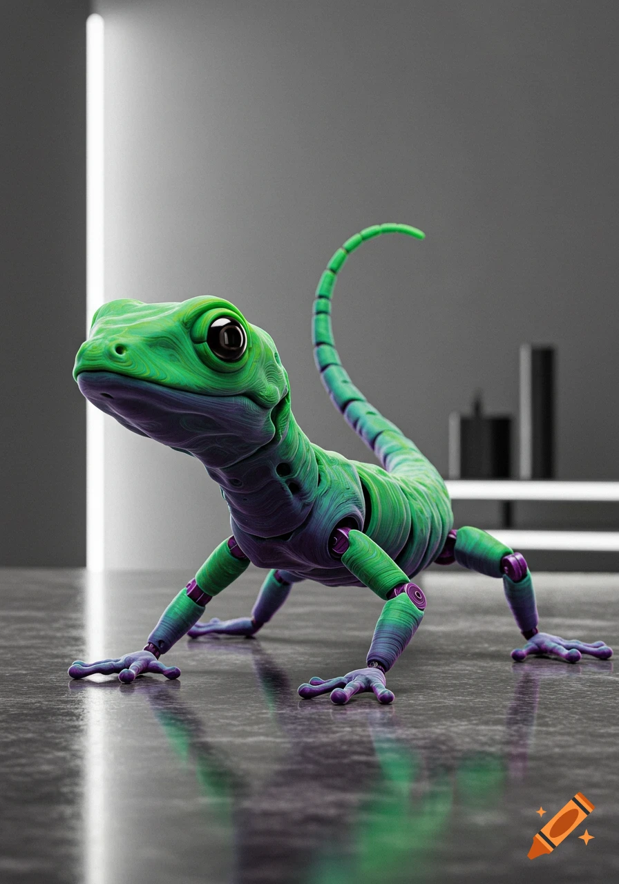 A photorealistic 3D rendering of a green and purple robotic lizard with visible joints, standing on a reflective surface in a modern room.
