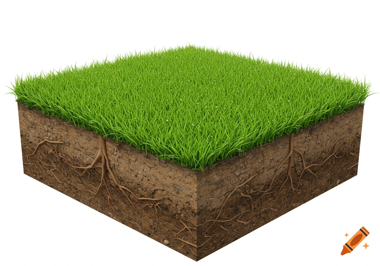 A photorealistic, square cross-section of vibrant green grass (turf) showing brown soil and intricate roots beneath, set against a clean white background.
