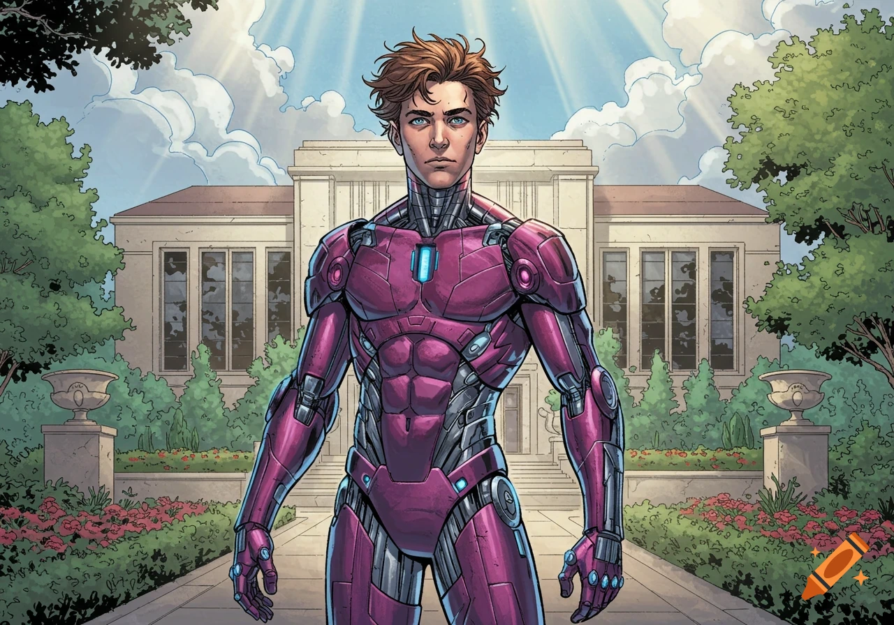 Comic style portrait of a young man in purple and silver power armor standing before a large university building.