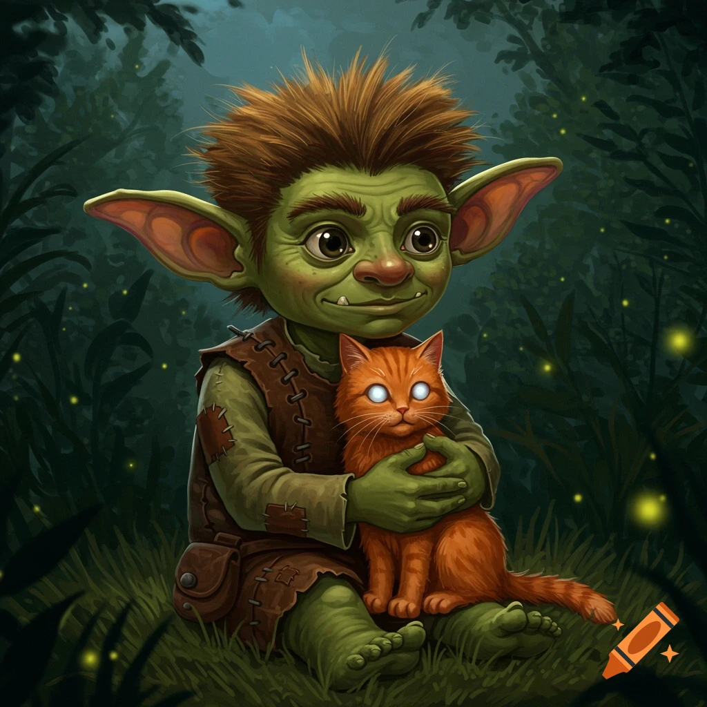 A green-skinned goblin-like creature with fluffy brown hair and big ears holds an orange cat with glowing white eyes in a dark forest.