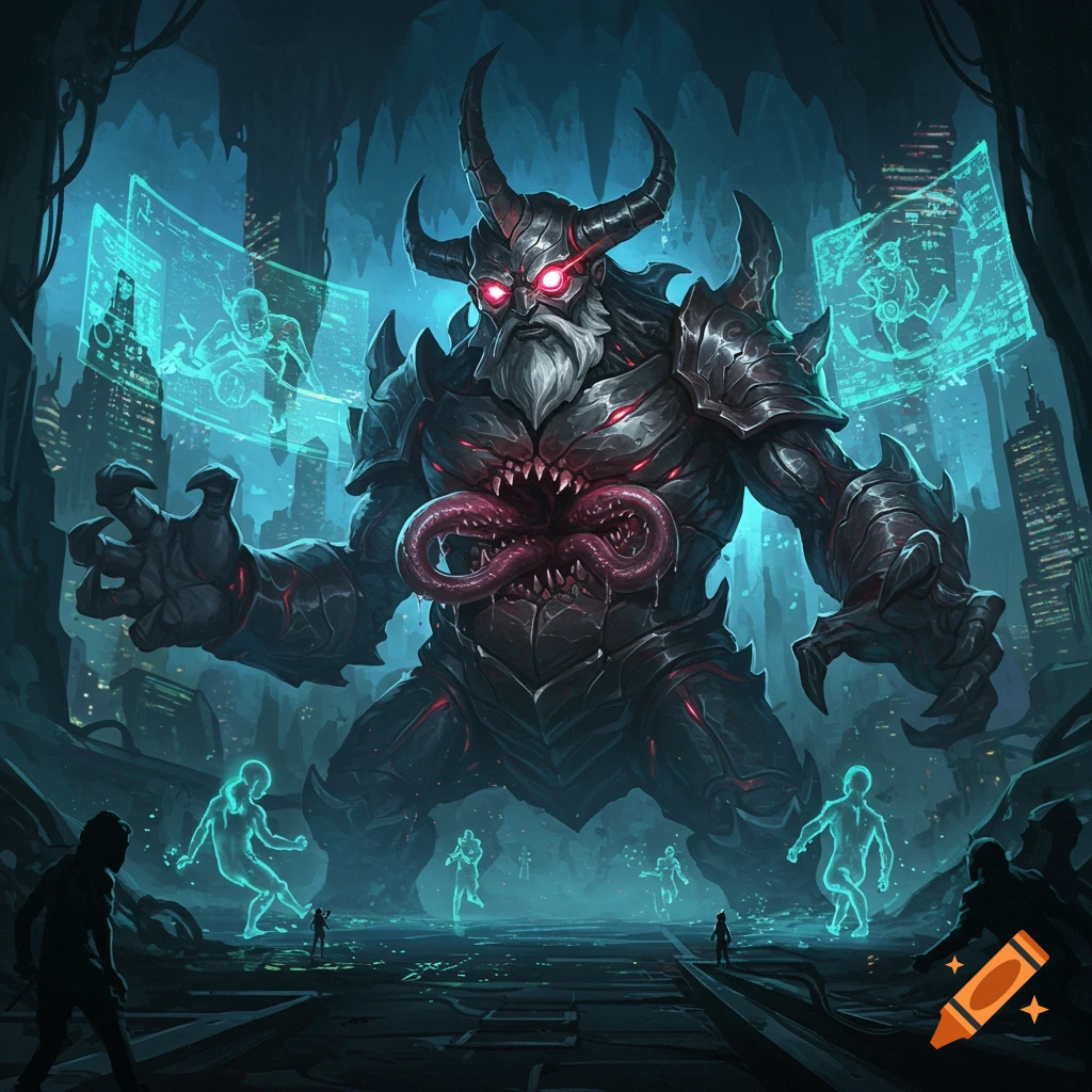 A giant horned monster with glowing red eyes, a fanged chest mouth, and dark armor stands in a ruined dystopian city with glowing ethereal figures around it, stylized game art.