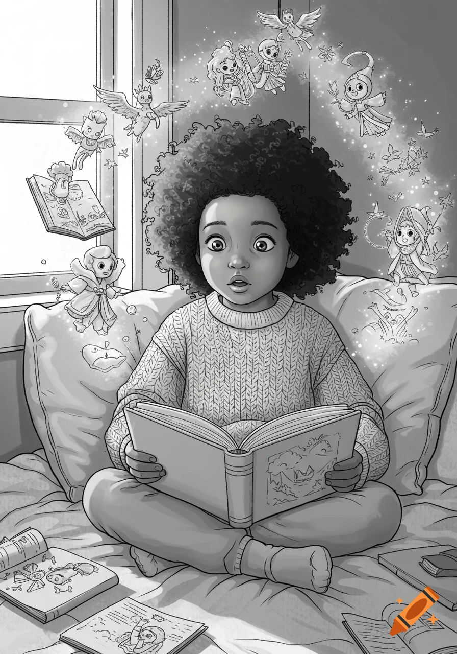 Black and white drawing of a child with curly hair reading a book on a bed, surrounded by floating fantasy creatures.