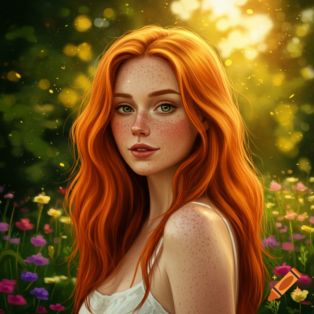 A close-up portrait of a red-haired woman with freckles and green eyes, standing in a sunlit garden with flowers.