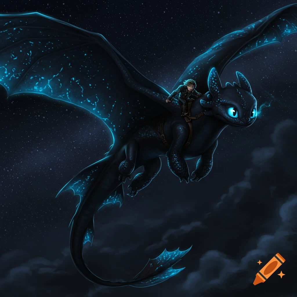 A black dragon with glowing blue eyes and highlights flies through a starry night sky with a rider on its back.