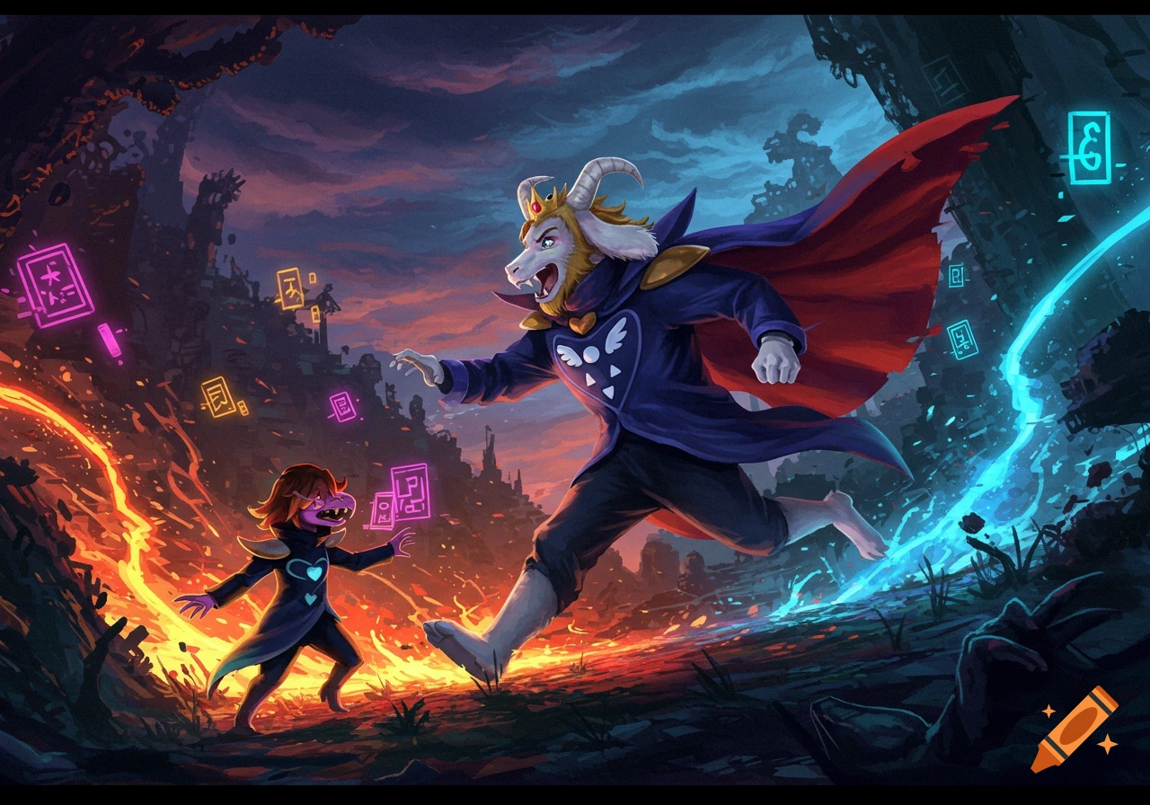 Asgore, a goat-like king in a blue cape, runs forward from a fiery landscape towards Susie, a reptilian creature, with glowing magical symbols surrounding them in a stylized, dramatic scene.