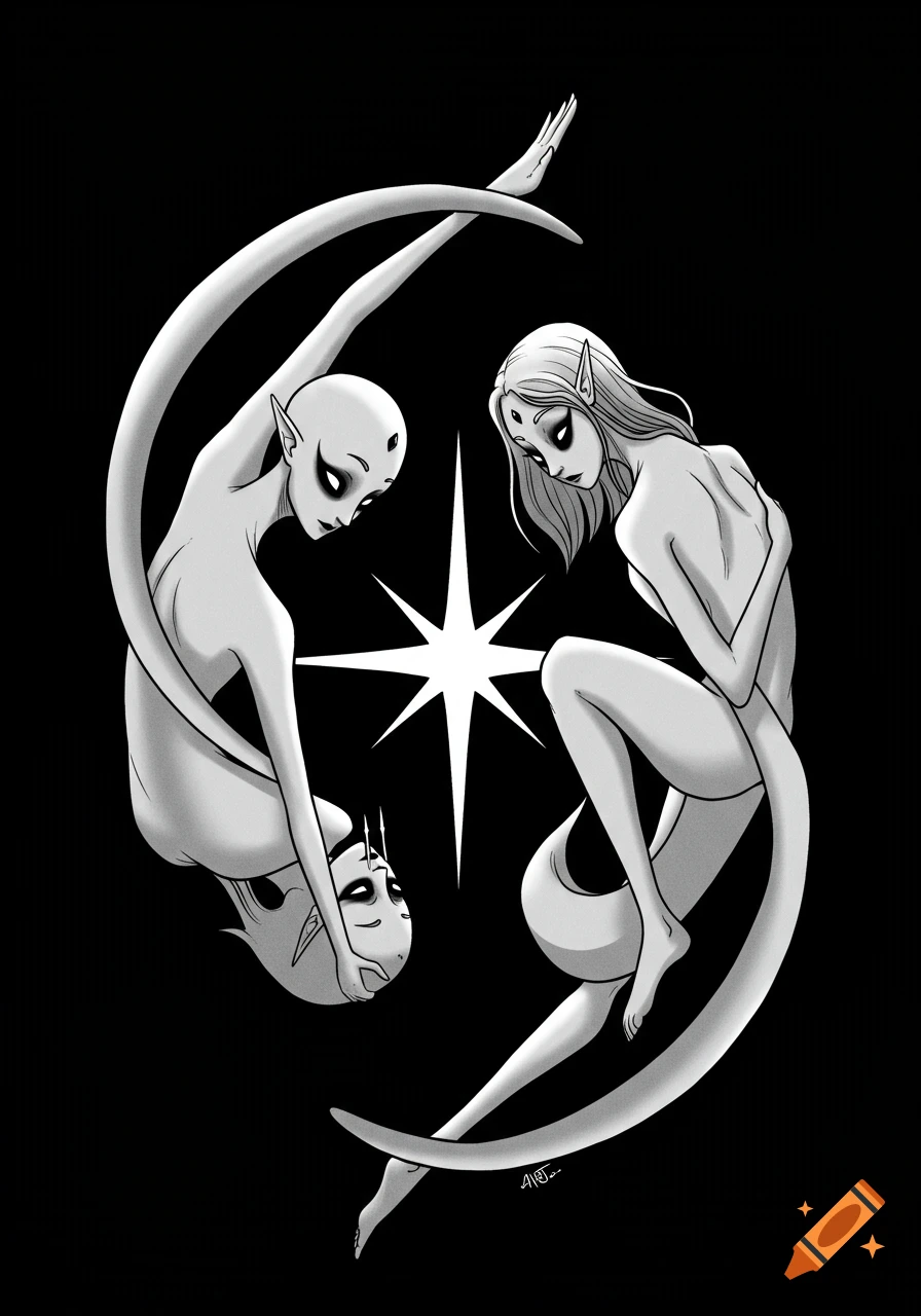 Black and white illustration of two ethereal figures with elongated limbs and pointed ears intertwined around a central star.