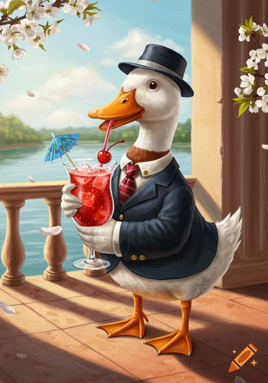 An anthropomorphic duck in a suit and fedora sips a red cocktail with a straw on a balcony overlooking a lake, with cherry blossoms.