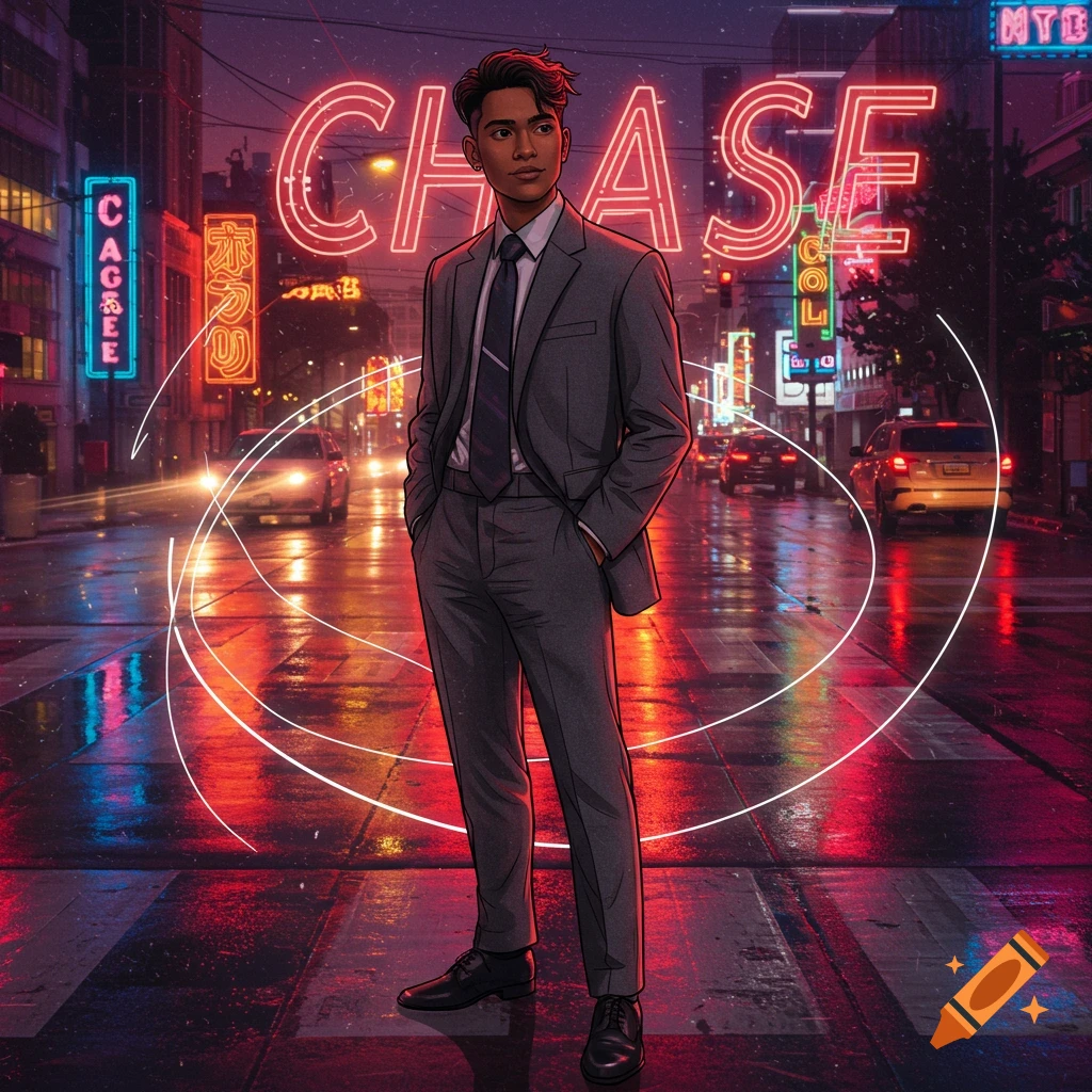 Illustrated man in a suit standing on a wet city street at night under neon signs, including a large 'CHASE' sign.