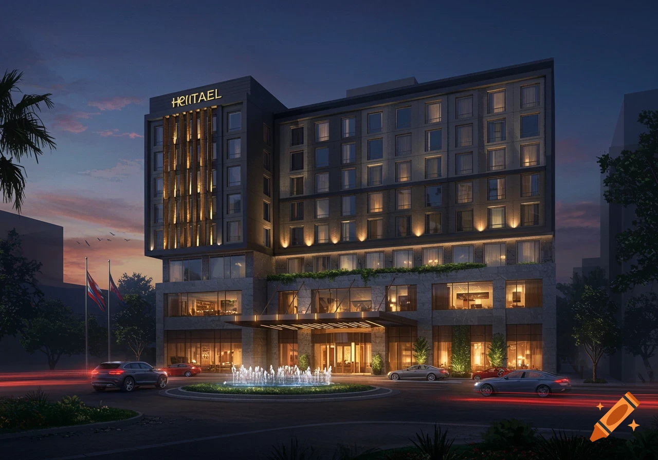 A modern hotel building with lights on at dusk, featuring a fountain and cars in front of the entrance.