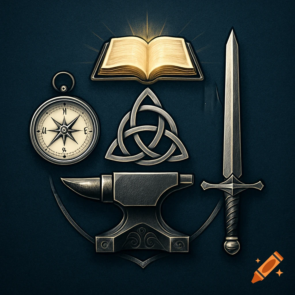 A stylized business logo features an open book, a compass, a Celtic Trinity knot, an anvil, and a sword, all rendered in metallic tones against a dark background.